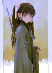 Rule 34 | 1girl, black dress, blunt bangs, bow, brown eyes, brown hair, china dress, chinese clothes, closed mouth, dress, earrings, expressionless, eyeball bracelet girl (fkey), eyelashes, fkey, gradient background, grey jacket, grey nails, hair bow, highres, holding, holding sword, holding weapon, jacket, jewelry, jian (weapon), long hair, long sleeves, looking at viewer, nail polish, original, sidelocks, simple background, sleeves past wrists, solo, sword, twintails, weapon, white bow, yin yang, yin yang earrings