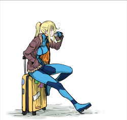 Rule 34 | 1girl, bandage on face, bandages, blonde hair, blue bodysuit, bodysuit, breasts, coffee cup, commentary, cup, disposable cup, drinking, full body, hand in pocket, henriiku (ahemaru), holding, holding cup, jacket, knee up, long hair, long sleeves, luggage, medium breasts, metroid, nintendo, ponytail, rolling suitcase, samus aran, sitting, skin tight, solo, suitcase, white background, zero suit