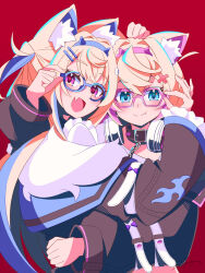 Rule 34 | 2girls, :d, adjusting another&#039;s eyewear, animal collar, animal ear fluff, animal ears, bandaid, bandaid hair ornament, bespectacled, black collar, black jacket, blonde hair, blue-framed eyewear, blue eyes, blue hair, blue hairband, blush, breasts, collar, crossed bangs, dog ears, double-parted bangs, fake horns, fang, fang out, fur-trimmed jacket, fur trim, fuwawa abyssgard, fuwawa abyssgard (1st costume), glasses, hair between eyes, hair intakes, hair ornament, hairband, hairclip, highres, hinata hirune, hololive, hololive english, horns, hug, jacket, long hair, long sleeves, looking at viewer, mococo abyssgard, mococo abyssgard (1st costume), multicolored hair, multiple girls, open mouth, pink-framed eyewear, pink eyes, pink hair, pink hairband, red background, short hair, siblings, sisters, skin fang, small breasts, smile, spiked collar, spikes, streaked hair, twins, two side up, virtual youtuber, x hair ornament