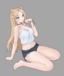 Rule 34 | 1girl, animal ears, bare arms, bare legs, barefoot, black shorts, blonde hair, blue eyes, bracelet, breasts, camisole, cat ears, cleavage, commentary, crop top, grey background, hand up, highres, jewelry, long hair, looking at viewer, medium breasts, midriff, navel, original, short shorts, shorts, simple background, sitting, siun, smile, solo, spaghetti strap, stomach, thighs, very long hair, wariza