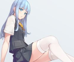 Rule 34 | 10s, 1girl, arm support, blue eyes, blue hair, bow, bowtie, grey background, hatsukaze (kancolle), kantai collection, leaning back, long hair, looking at viewer, matching hair/eyes, parted lips, rokuwata tomoe, sidelocks, simple background, sitting, solo, thighhighs, vest, white thighhighs