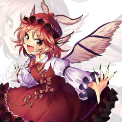 Rule 34 | 1girl, :d, arm strap, bird wings, brown dress, cowboy shot, dress, fang, feathered wings, fingernails, green nails, hat, highres, kurose (enstnrundead), leaning forward, long fingernails, long sleeves, looking at viewer, mystia lorelei, nail polish, open mouth, outstretched arms, pink hair, red eyes, sharp fingernails, short hair, simple background, smile, solo, spread arms, talons, touhou, white background, wings, zoom layer