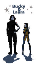 Rule 34 | 10s, 1boy, 1girl, animification, bodysuit, boots, claws, facial hair, goatee, hand on own hip, height difference, james buchanan barnes, laura kinney, long hair, marvel, mechanical arms, nico (gumimayu), no mask, shadow, single mechanical arm, star (symbol), winter soldier, x-23, x-men