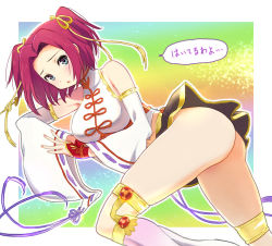 Rule 34 | 1girl, ass, bare shoulders, blue eyes, blush, breasts, code geass, detached sleeves, donbee132, kouzuki kallen, looking at viewer, lying, on side, open mouth, red hair, ribbon, skirt, solo