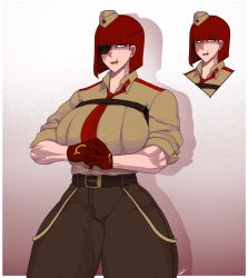 Rule 34 | 1girl, belt, blind, breasts, communism, communist flag, eyepatch, female focus, gloves, hat, highres, jewelry, large breasts, looking at viewer, military, military uniform, muscular, muscular arms, muscular female, necklace, original, red eyes, red hair, scar, short hair, solo, thick thighs, thighs, threatening, uniform