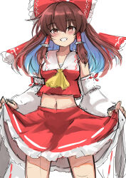 Rule 34 | 1girl, absurdres, ascot, blush, bow, brown eyes, brown hair, clothes lift, commentary, detached sleeves, hair bow, hair tubes, hakurei reimu, highres, lifted by self, long hair, looking at viewer, navel, red bow, red shirt, red skirt, ribbon-trimmed skirt, ribbon trim, shirt, sidelocks, simple background, sketch, skirt, skirt lift, solo, touhou, white background, wide sleeves, yellow ascot, yuuka (a0240765)