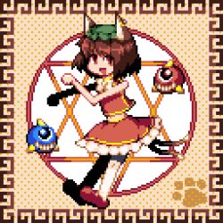 Rule 34 | 1girl, animal ears, blue oni, bow, brown eyes, brown hair, cat ears, cat girl, cat tail, chen, earrings, female focus, hair bow, hexagram, jewelry, lowres, magic circle, miranko, multiple tails, oni, pixel art, red oni, solo, tail, touhou