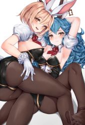 Rule 34 | 2girls, animal ears, armpits, arms behind head, arms up, ass, black legwear, black leotard, blonde hair, blush, breasts, cleavage, closed mouth, commentary, curly hair, detached collar, djeeta (granblue fantasy), earrings, fake animal ears, ferry (granblue fantasy), gloves, granblue fantasy, hair between eyes, hand on own thigh, jewelry, leotard, long hair, looking at viewer, medium breasts, multiple girls, neck ribbon, no shoes, open mouth, pantyhose, playboy bunny, rabbit ears, rabbit tail, red ribbon, ribbon, short hair, simple background, single earring, smile, snm (sunimi), strapless, strapless leotard, tail, thighs, tongue, white background, white gloves, yellow eyes