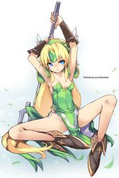 Rule 34 | 1girl, armor, armpits, arms up, black footwear, blonde hair, blue eyes, boots, breasts, commentary request, copyright name, covered navel, dress, falling leaves, forehead jewel, full body, green dress, groin, highres, holding, holding weapon, karukan (monjya), leaf, long hair, looking at viewer, no panties, parted bangs, parted lips, pauldrons, pelvic curtain, riesz, seiken densetsu, seiken densetsu 3, shoulder armor, small breasts, solo, spread legs, strapless, strapless dress, very long hair, weapon, white background