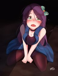 Rule 34 | 1girl, a:n (angrynum), abigail (stardew valley), bad id, bad pixiv id, bare shoulders, barefoot, blush, breasts, choker, cleavage, crying, crying with eyes open, dress, fang, green eyes, highres, long hair, looking at viewer, open mouth, original, pantyhose, purple hair, sitting, solo, stardew valley, tears, v arms, wariza