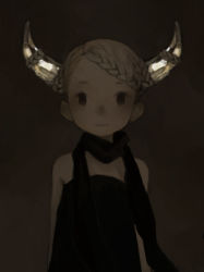 Rule 34 | 1girl, bare arms, bare shoulders, black eyes, black scarf, blonde hair, braid, closed mouth, commentary request, dark, expressionless, glowing horns, gu (goodnight), horns, looking at viewer, original, scarf, solo, strapless, upper body