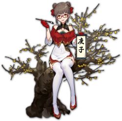 Rule 34 | 1girl, artist request, bracelet, branch, brown hair, calligraphy, double bun, game cg, glasses, hair bun, holding, holding brush, holding scroll, in tree, jewelry, mahjong soul, ninomiya hana, official art, red-framed eyewear, red eyes, red footwear, scroll, simple background, sitting, sitting in tree, thighhighs, third-party source, transparent background, tree, yostar