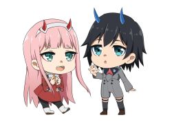 Rule 34 | 10s, 1boy, 1girl, black hair, black pantyhose, blue eyes, blue horns, boots, brown footwear, chibi, commentary, couple, darling in the franxx, english commentary, fangs, green eyes, hair ornament, hairband, hand up, hetero, hiro (darling in the franxx), horns, long hair, long sleeves, looking at another, military, military uniform, necktie, oni horns, open mouth, orange neckwear, pantyhose, pink hair, rachel bouvier, red horns, red neckwear, shoes, short hair, socks, spoilers, uniform, white footwear, white hairband, zero two (darling in the franxx)