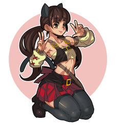 Rule 34 | 1girl, absurdres, animal ears, bag, bare shoulders, belt, black thighhighs, boots, breasts, brown eyes, circle, cleavage, cosplay, detached sleeves, double v, fengmo, final fantasy, final fantasy xiv, full body, high heel boots, high heels, highres, hyur, kneeling, long hair, looking at viewer, low twintails, midriff, miqo&#039;te, miqo&#039;te (cosplay), navel, pleated skirt, red skirt, satchel, skirt, smile, solo, strapless, tail, thighhighs, tube top, twintails, v
