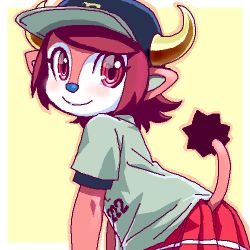 Rule 34 | 1girl, baseball cap, buffalo bell, clothes writing, female focus, hat, horns, looking back, lowres, miniskirt, nippon professional baseball, oekaki, orix buffaloes, pink eyes, pleated skirt, red skirt, shinmai (kyata), simple background, skirt, smile, solo, striped clothes, striped skirt, tail