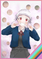 Rule 34 | 1girl, absurdres, arashi chisato, artist name, artist request, belt, blue cardigan, blue jacket, blush, bow, bowtie, breasts, buttons, cardigan, collared shirt, cropped jacket, double bun, double v, dress, dress shirt, female focus, finger to cheek, fingers to cheeks, fingersmile, grey belt, grey shirt, grey skirt, hair bun, hair tie, highres, jacket, long hair, long sleeves, looking at viewer, love live!, love live! superstar!!, miniskirt, neck ribbon, o-ring, o-ring belt, parted lips, plaid, plaid skirt, pleated, pleated skirt, red bow, red eyes, red ribbon, ribbon, school uniform, shirt, skirt, small breasts, smile, solo, teeth, twintails, v, v-shaped eyebrows, white background, white hair, white shirt, wing collar, yuigaoka school uniform