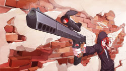 Rule 34 | 1girl, bad id, bad pixiv id, blue eyes, brick wall, candy, celtic cross, crack, cracked wall, cross, desert eagle, finger on trigger, food, foreshortening, glasses, gun, hair between eyes, halo, hamada youho, hand in pocket, handgun, highres, hood, hoodie, latin text, lollipop, long hair, mouth hold, muzzle device, nail polish, original, pistol, red-framed eyewear, red hair, scope, shadow, smoke, smoking barrel, solo, typo, weapon, wings