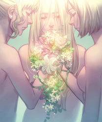 Rule 34 | 3girls, akakokko (niro azarashi), birdmen, blonde hair, bob cut, bound, bound together, bound wrists, character request, closed eyes, closed mouth, earrings, eyelashes, facing viewer, flower, flower earrings, frown, green background, hair between eyes, holding hands, jewelry, lily (flower), multiple girls, nude, plant, profile, rose, sidelocks, simple background, straight hair, upper body, vines, white flower, white rose