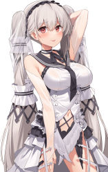 Rule 34 | 1girl, azur lane, bare shoulders, black neckerchief, blush, breasts, clothing cutout, feather dress, formidable (azur lane), formidable (timeless classics) (azur lane), grey hair, highres, large breasts, long hair, looking at viewer, navel, navel cutout, neckerchief, official alternate costume, red eyes, smile, solo, suiroh (shideoukami), thighs, twintails, very long hair