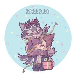 Rule 34 | 2boys, :o, animal ears, bandaid, bandaid on face, bandaid on nose, birthday, box, carrying over shoulder, chain, chibi, colored sclera, confetti, dated, dog boy, full body, furry, furry male, garmr (housamo), gift, gift box, hs 640, male focus, protagonist 1 (housamo), multiple boys, official alternate costume, one eye closed, sunglasses, tail, tokyo houkago summoners