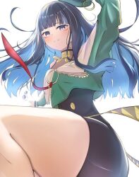 Rule 34 | 1girl, bare shoulders, beret, black hair, blue hair, breasts, colored inner hair, eyeliner, fate/grand order, fate (series), green hat, green jacket, grey eyes, hat, jacket, jewelry, long hair, looking at viewer, makeup, multicolored hair, neck ring, off shoulder, shorts, sidelocks, solo, sunglasses, tenochtitlan (fate), tenochtitlan (second ascension) (fate), umi endu, wavy hair, zipper