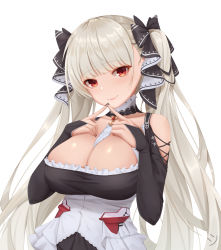 Rule 34 | 1girl, azur lane, bare shoulders, between breasts, black dress, black nails, blush, breasts, cleavage, dress, earrings, fingers together, formidable (azur lane), frilled dress, frills, grey hair, hair ribbon, highres, index fingers together, jewelry, large breasts, long hair, long sleeves, looking at viewer, nail polish, red eyes, ribbon, simple background, solo, twintails, two-tone dress, very long hair, wei xiao, white background