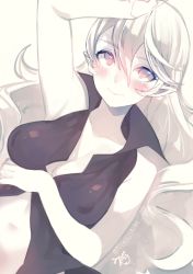 Rule 34 | 1girl, bad id, bad twitter id, black shirt, blush, breasts, cleavage, closed mouth, corrin (female) (fire emblem), corrin (fire emblem), fire emblem, fire emblem fates, long hair, medium breasts, negiwo, nintendo, open clothes, open shirt, pointy ears, shirt, simple background, smile, solo, twitter username, white background, white hair
