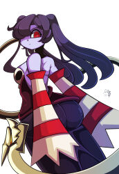 Rule 34 | 1girl, absurdres, alternate hairstyle, ass, bare shoulders, black collar, blue hair, blue skin, blue skirt, breasts, closed mouth, collar, colored skin, commentary, cowboy shot, detached collar, detached sleeves, dress, english commentary, from behind, frown, hair over one eye, highres, leviathan (skullgirls), long hair, long skirt, looking at viewer, looking back, medium breasts, object through head, red dress, red eyes, red sleeves, sautencrer, signature, simple background, skirt, skull, skullgirls, sleeves past fingers, sleeves past wrists, solo, squigly (skullgirls), striped sleeves, twintails, very long hair, white background, white sleeves, yellow eyes, zombie