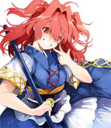Rule 34 | 1girl, ahoge, azuma aya, blue dress, blue kimono, blush, breasts, coin, coin on string, commentary, cross-laced clothes, dress, floating hair, gold trim, hair between eyes, hair bobbles, hair intakes, hair ornament, hand on own cheek, hand on own face, hand up, head tilt, holding, holding pole, holed coin, japanese clothes, kimono, large breasts, layered clothes, layered dress, looking at viewer, looking to the side, medium hair, obi, onozuka komachi, pole, raglan sleeves, red eyes, red hair, sash, short sleeves, sidelocks, simple background, smile, solo, symbol-only commentary, teeth, touhou, two side up, v, white background, white sleeves, wide sleeves