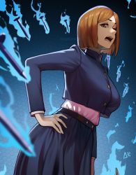 Rule 34 | 1girl, aurahack, blue background, breasts, brown eyes, brown hair, buttons, cropped jacket, curtained hair, floating, floating object, gakuran, hand on own hip, highres, jujutsu kaisen, kugisaki nobara, large breasts, lips, long skirt, looking at viewer, magatama, nail, open mouth, parted bangs, parted hair, school uniform, seigaiha, short hair, skirt, solo, teeth, twitter username, upper teeth only, watermark