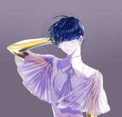 Rule 34 | 1other, androgynous, blue eyes, blue hair, colored eyelashes, colored skin, golden arms, hand in own hair, heterochromia, highres, houseki no kuni, light smile, looking at viewer, necktie, phosphophyllite, phosphophyllite (ll), see-through, see-through sleeves, short hair, smile, solo, spoilers, upper body, white eyes, white skin