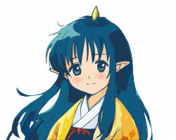 Rule 34 | 1girl, blue hair, blush, horns, momotarou densetsu, pointy ears, simple background, single horn, solo, yashahime (momotarou densetsu)