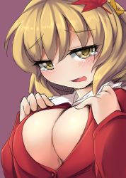 Rule 34 | 1girl, aki shizuha, blonde hair, blush, breasts, cleavage, cleavage cutout, clothing cutout, female focus, fun bo, hair ornament, large breasts, leaf, leaf on head, long sleeves, looking at viewer, open mouth, purple background, short hair, simple background, solo, tears, touhou, yellow eyes