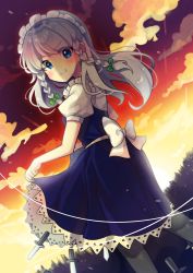 Rule 34 | 1girl, absurdres, blue eyes, blush, braid, breasts, closed mouth, clothes lift, dress, dress lift, dusk, feet out of frame, highres, izayoi sakuya, knife, long hair, looking back, maid, maid headdress, offbeat, puffy short sleeves, puffy sleeves, short sleeves, silver hair, smile, solo, touhou, twin braids