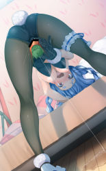 Rule 34 | 1girl, alternate breast size, animal ears, ass, bad id, bad twitter id, bed, bed sheet, bent over, black gloves, black leotard, black pantyhose, blue hair, blush, braid, breasts, breasts out, carrot, censored, female ejaculation through clothes, female orgasm, fumihiko (fu mihi ko), gloves, hanging breasts, highres, hololive, large breasts, legs apart, leotard, long hair, looking at viewer, looking back, nipples, object insertion, open mouth, orange eyes, orgasm, pantyhose, pillow, pussy juice, pussy juice puddle, pussy juice trail, rabbit ears, rabbit girl, rabbit tail, shoes, short eyebrows, solo, standing, tail, thick eyebrows, twin braids, usada pekora, usada pekora (1st costume), vaginal, vaginal object insertion, virtual youtuber, white footwear