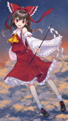 Rule 34 | 1girl, :d, above clouds, ascot, bare shoulders, black footwear, black hair, blush, bow, cloud, commentary request, detached sleeves, floating, frilled bow, frilled shirt collar, frills, full body, gohei, hair bow, hair tubes, hakurei reimu, highres, holding, long sleeves, looking at viewer, monrooru, night, night sky, open mouth, petticoat, red bow, red eyes, red skirt, ribbon-trimmed sleeves, ribbon trim, sarashi, shide, shoes, short hair, short hair with long locks, sidelocks, skirt, skirt set, sky, smile, socks, solo, star (sky), starry sky, touhou, white socks, wide sleeves, yellow ascot