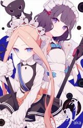 Rule 34 | 2girls, abigail williams (fate), abigail williams (festival outfit) (fate), aka kan, apron, artist name, black dress, black gloves, blonde hair, blue eyes, buckle, butterfly hair ornament, closed mouth, cowboy shot, dress, fate/grand order, fate (series), forehead, gloves, grey jacket, hair ornament, highres, holding, holding key, jacket, katsushika hokusai (fate), katsushika hokusai (festival outfit) (fate), key, long hair, long sleeves, looking at viewer, maid headdress, multiple girls, octopus, official alternate costume, open clothes, open jacket, oversized object, parted bangs, purple eyes, purple hair, short hair, sidelocks, simple background, sleeves past fingers, sleeves past wrists, smile, snap-fit buckle, stuffed animal, stuffed toy, teddy bear, tokitarou (fate), waves, white apron, white background