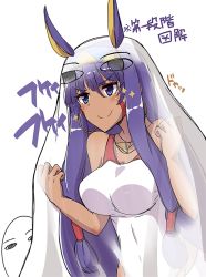 Rule 34 | &gt;:), 1girl, bed sheet, blue eyes, blush, breasts, closed mouth, competition swimsuit, dark-skinned female, dark skin, doyagao, egyptian, fate/grand order, fate (series), hair tubes, hairband, hands up, large breasts, long hair, medjed (fate), nitocris (fate), nitocris (fate/grand order), nitocris (swimsuit assassin) (fate), nitocris (swimsuit assassin) (second ascension) (fate), one-piece swimsuit, photobomb, purple hair, sidelocks, simple background, smile, smug, solo, sparkle, swimsuit, v-shaped eyebrows, very long hair, white background, white one-piece swimsuit, yuuma (noel)