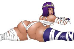 Rule 34 | 1girl, alternate costume, anus, anus peek, ass, bandages, bare shoulders, blunt bangs, blush, bracelet, breasts, butt crack, curvy, dark-skinned female, dark skin, egyptian, fingerless gloves, flexible, from behind, gloves, green eyes, hair ornament, highres, huge ass, jewelry, large breasts, lips, looking at viewer, looking back, lying, menat, mummy, mummy costume, naked bandage, nei vertex, official alternate costume, on stomach, partially visible vulva, pink lips, purple hair, revealing clothes, shiny skin, short hair, sideboob, simple background, single glove, solo, street fighter, street fighter v, thick thighs, thighs, tiara, two-tone background, underboob, white background, wide hips