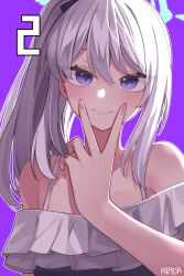 Rule 34 | 1girl, absurdres, artist name, blue archive, blush, collarbone, finger counting, fingernails, frilled one-piece swimsuit, frills, grey hair, halo, highres, looking at viewer, miyako (blue archive), miyako (swimsuit) (blue archive), numbered, official alternate costume, one-piece swimsuit, ponytail, purple background, purple eyes, rirua (kjom802), sidelocks, simple background, smile, solo, swimsuit, upper body, v, v over mouth