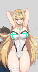 Rule 34 | 1girl, absurdres, armpits, bare legs, blonde hair, breasts, chest jewel, cleavage, earrings, embarrassed, highres, jewelry, large breasts, long hair, mythra (radiant beach) (xenoblade), mythra (xenoblade), rex (xenoblade), serin199, swept bangs, swimsuit, thigh strap, very long hair, xenoblade chronicles (series), xenoblade chronicles 2, yellow eyes