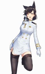 Rule 34 | 1girl, :d, aiguillette, alternate hair length, alternate hairstyle, animal ear fluff, animal ears, atago (azur lane), azur lane, bad id, bad pixiv id, black hair, black thighhighs, blush, breasts, brown eyes, buttons, epaulettes, extra ears, garter straps, gloves, hair ribbon, highres, knees up, large breasts, long sleeves, looking at viewer, medal, military, military uniform, open mouth, pencil skirt, ribbon, shinidei, short hair, simple background, skirt, smile, solo, swept bangs, teeth, thighhighs, uniform, upper teeth only, white background, white gloves, white ribbon
