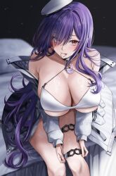 Rule 34 | 1girl, absurdres, bare shoulders, blush, breasts, cleavage, collarbone, highres, large breasts, long hair, looking at viewer, nicky w, original, purple hair, red eyes, sitting, smile, solo, thighs, tongue, tongue out