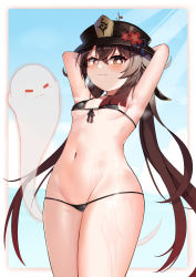 Rule 34 | 1girl, :3, alternate costume, armpits, arms behind back, bare shoulders, bikini, black bikini, blue sky, blush, breasts, brown hair, cleavage, cloud, cloudy sky, collarbone, commentary request, genshin impact, ghost, groin, hair between eyes, highres, hu tao (genshin impact), long hair, looking at viewer, lucifina 006, micro bikini, midriff, navel, orange eyes, sidelocks, sky, small breasts, smile, spaghetti strap, swimsuit, symbol-shaped pupils, thighs, twintails