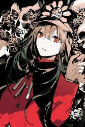 Rule 34 | 1girl, black cape, brown hair, cape, commentary request, fate (series), flower, gloves, hair between eyes, hand up, hat, jacket, koha-ace, long hair, long sleeves, looking at viewer, male focus, oda nobunaga (fate), oda nobunaga (koha-ace), parted lips, peaked cap, red eyes, red jacket, rioka (southern blue sky), skull, solo, spider lily