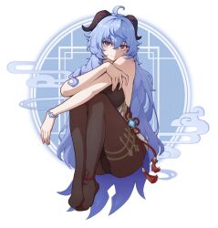 Rule 34 | 1girl, ahoge, bare arms, bare shoulders, blue hair, bodystocking, cloud print, ganyu (genshin impact), genshin impact, hair between eyes, heshandepingtouge, highres, horns, knees up, long hair, looking at viewer, no shoes, pantyhose, purple eyes, sitting, smile, solo, thighs, very long hair, white background