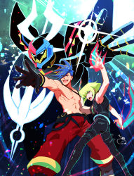 Rule 34 | 2boys, anime coloring, armor, ascot, bae (baebae), bare shoulders, black gloves, blue eyes, blue hair, fire, galo thymos, gloves, green fire, green hair, highres, lio fotia, mad burnish, male focus, multiple boys, no gloves, promare, purple eyes, purple fire, pyrokinesis, spiked hair, topless male, vest