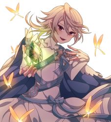 Rule 34 | 1boy, bare shoulders, blue cape, cape, corrin (fire emblem), corrin (male) (fire emblem), corrin (male) (fire emblem), dancer, fire emblem, fire emblem fates, fire emblem heroes, highres, looking at viewer, male focus, nintendo, pikapika hoppe, pointy ears, short hair, smile, solo, stone, white hair