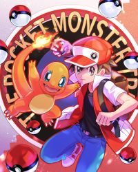 Rule 34 | 1boy, backpack, bag, baseball cap, belt, belt buckle, blue pants, brown bag, brown eyes, brown hair, buckle, charmander, clenched hand, closed mouth, commentary request, creatures (company), flame-tipped tail, game freak, gen 1 pokemon, hat, highres, holding, holding poke ball, jacket, male focus, mitama (mokochiko), nintendo, pants, poke ball, poke ball (basic), pokemon, pokemon (creature), pokemon rgby, red (pokemon), red headwear, shirt, shoes, short hair, short sleeves, white footwear