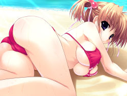 Rule 34 | 1girl, ass, beach, blonde hair, blush, breasts, cleft of venus, erect nipples, female focus, hair ribbon, highres, large breasts, looking at viewer, lying, nipples, purple eyes, pussy, ribbon, shintarou, short hair, solo, sweat, swimsuit, twintails, underboob